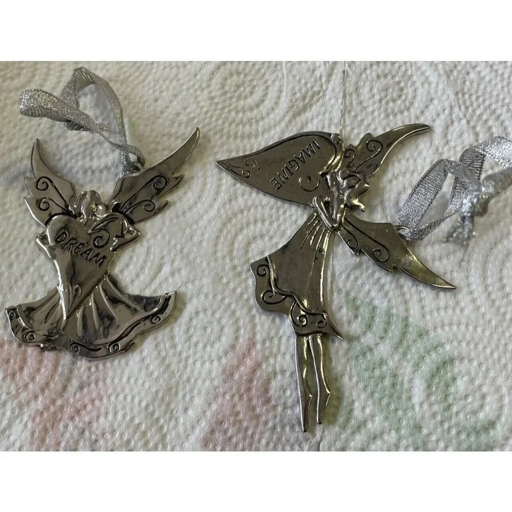 2 Silver Tone Angels Dream Imagine Christmas Ornaments Decor‎
